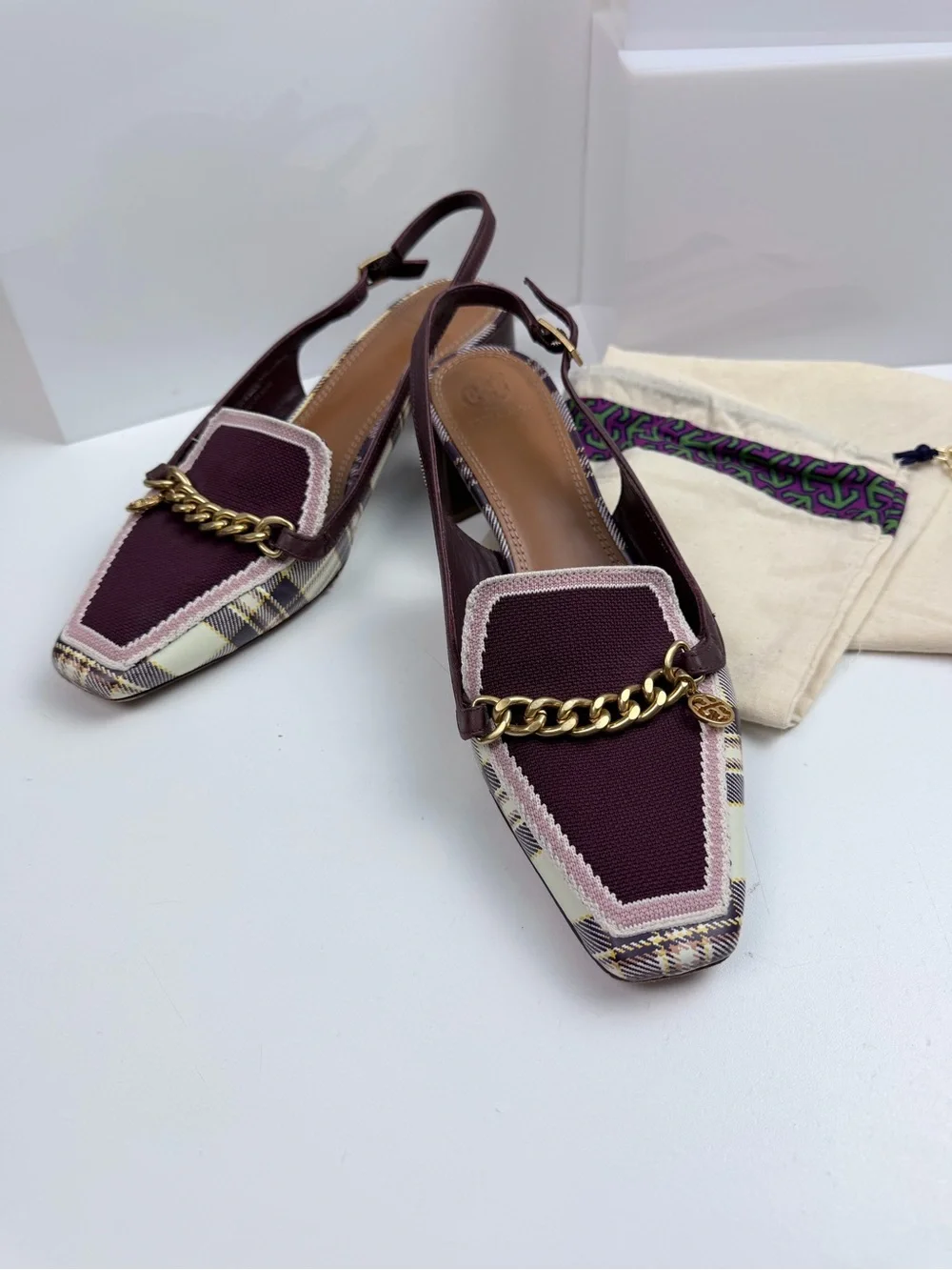 Tory Burch Mini Benton Charm Slingback Loafers Size 10.5 Plaid Burgundy